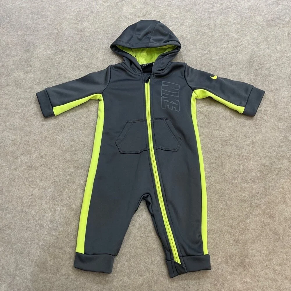 Nike Dri Fit Gray Neon Green Long Sleeve Zipper Romper Baby Boy Size 6 Month